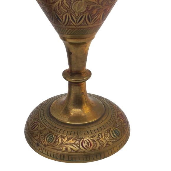 Solid Brass Etched Vase Enamel Red Black Floral Vintage MCM Ruffled Rustic Decor - Picture 5 of 11